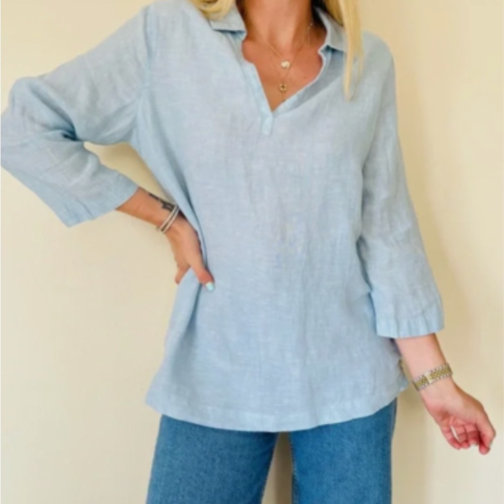 -Tahari 💯 Linen Light/Baby Blue 3/4 Sleeve Collared Tunic Women’s Size Medium